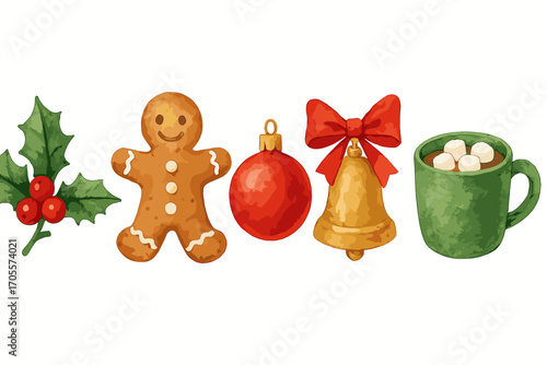 Festive holiday elements collection featuring gingerbread man, holly, Christmas ornament, golden bell, and hot chocolate mug