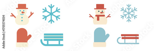 Collection of winter holiday icons featuring snowmen, snowflakes, mittens, and sleds in a festive color palette