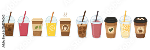 Assortment of various hot and cold beverages in different disposable cups with straws and lids