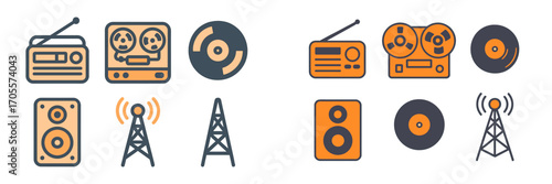 Audio and communication technology icons with vintage radio, reel-to-reel recorder, vinyl record, speaker, transmission tower