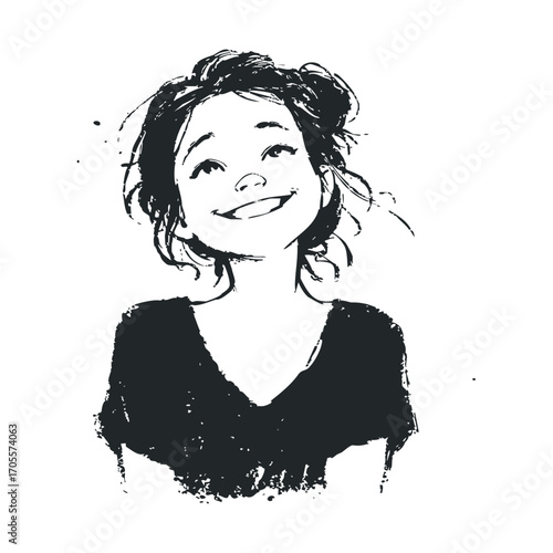 Smiling girl with messy hair expressing joy and happiness. Vector illustration