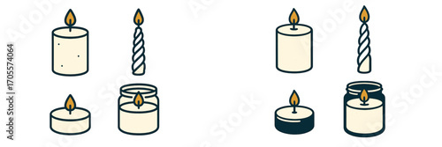Assortment of burning candles including pillar, taper, tea light, and jar candles with glowing flames