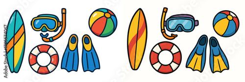 Summer beach vacation essentials: surfboards, snorkeling gear, lifebuoys, swim fins, and beach balls