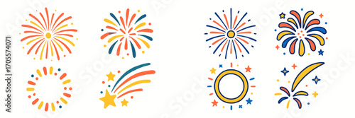 Vibrant collection of festive fireworks and sparkling starburst elements for celebration, holidays, and special events, perfect for adding a joyful touch