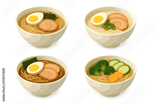 Variety of Japanese ramen noodle soup bowls featuring pork, egg, seaweed, and fresh vegetables