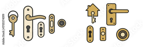Diverse set of door handles, keyholes, and keys in a modern, minimalist design for security applications