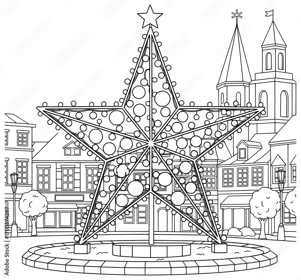 Fototapeta premium Christmas star illustration of a giant festive decoration with lights displayed in a town square with buildings and a church tower in the background