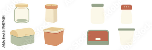 Assortment of kitchen and pantry storage containers including jars, shakers, and boxes in a modern flat design