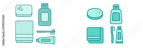 Assortment of personal hygiene and bathroom essentials including soap, shampoo, towel, toothbrush, and toothpaste for daily self-care routine