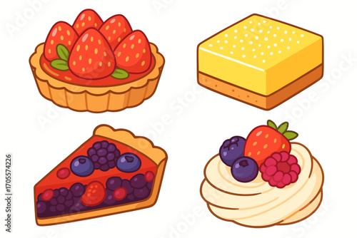 Assortment of delicious fruit tarts, berry pie slice, cheesecake, and whipped cream dessert with fresh berries
