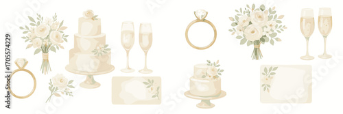 Elegant wedding celebration elements featuring floral bouquets, tiered cakes, champagne flutes, and diamond engagement rings
