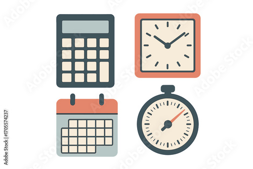 Essential business and time management tools: calculator, clock, calendar, stopwatch icons for planning and organization