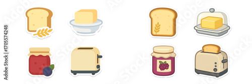 Delicious morning breakfast food items featuring bread, butter, jam, and kitchen toaster appliances