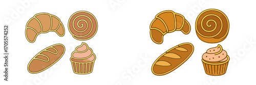 Delicious assortment of freshly baked goods including croissants, cinnamon rolls, baguette, and cupcake