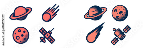 Celestial bodies and space exploration icons set featuring planets, moons, comets, and artificial satellites