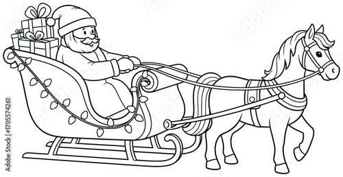 Christmas sleigh illustration of Santa riding in a festive carriage filled with gifts pulled by a horse decorated with holiday lights creating a joyful seasonal scene