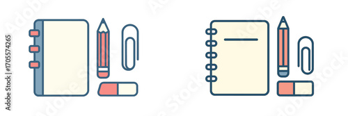 Collection of school and office supplies neatly arranged with notebooks, pencils, paperclips, and erasers