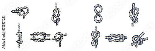 Detailed collection of various nautical rope knots and bends for sailing, climbing, and maritime activities, isolated on white