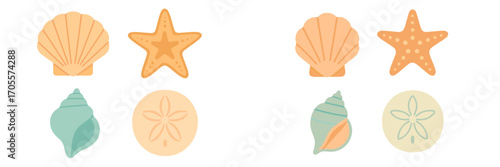 Assortment of colorful seashells, starfish, conch shell, and sand dollars representing marine life and beach elements