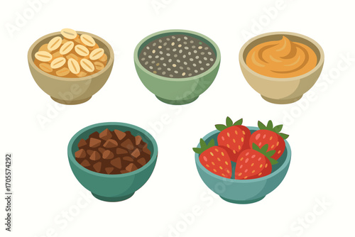 Assortment of nutritious food ingredients in individual serving bowls including peanuts, chia seeds, peanut butter, chocolate chips, and fresh strawberries