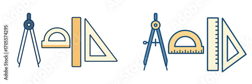 Geometry and drafting tools set with compass, protractor, ruler, and set square for educational and professional use
