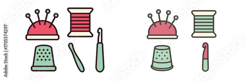 Colorful sewing and crafting supplies set with thimble, thread spool, pincushion, and crochet hook for hobby projects
