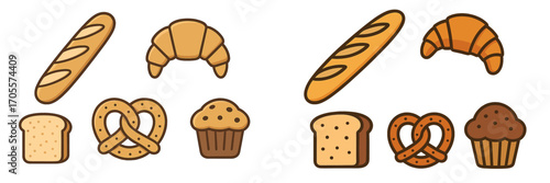 Assortment of fresh baked goods and breakfast pastries including baguettes, croissants, sliced bread, pretzels, and muffins