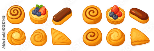 Assortment of sweet baked goods and desserts including cinnamon rolls, fruit tarts, and eclairs