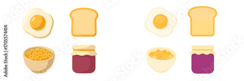 Delicious breakfast food items set including fried egg, toast, cereal bowl, and jam jar for morning meal