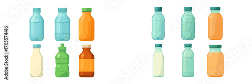 Collection of various beverage bottles including water, juice, and milk in plastic and glass containers with different caps