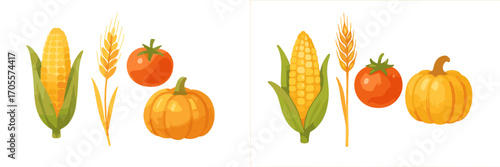 Colorful autumn harvest produce collection featuring corn, wheat, tomato, and pumpkin for seasonal designs