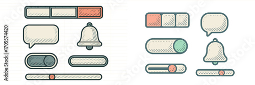 Retro user interface elements set with vintage style toggles, sliders, chat bubble, and notification bell icons