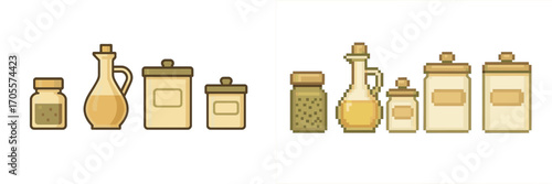 Stylized kitchen containers set with oil bottle, spice jar, and food canisters for pantry storage and culinary use