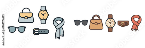 Assortment of contemporary fashion accessories featuring various handbags wristwatches sunglasses belts and scarves