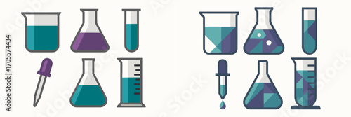Stylized scientific laboratory glassware set with various beakers, flasks, test tubes, and pipette containing colorful liquids