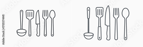Modern minimalist line art icon set of kitchen tools and dining implements including a soup ladle, slotted spatula, chef's knife, dinner fork, and serving spoon