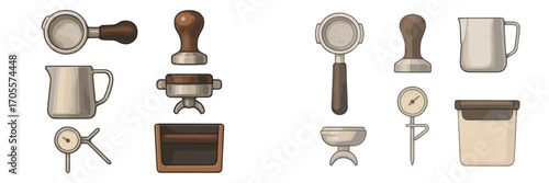 Assortment of professional barista tools and essential coffee preparation equipment for brewing delicious espresso drinks