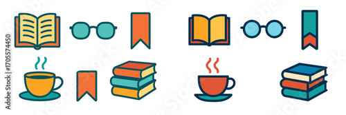 Colorful reading and education icons featuring open books, eyeglasses, bookmarks, stacked books, and steaming hot beverages