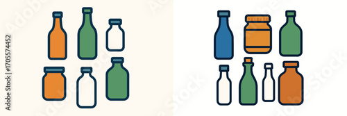 Assortment of various empty bottles and jars in different shapes and colors for product packaging