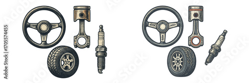 Detailed set of essential automotive components including steering wheel, engine piston, spark plug, and car wheel