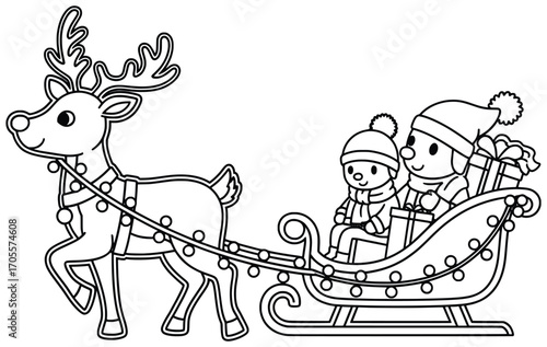 Christmas reindeer sleigh illustration with two children riding together holding presents surrounded by festive holiday decorations in a cheerful winter seasonal scene