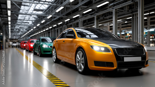 Modern car manufacturing robot assembly line with red vehicle in high-tech factory, showcasing automated production and innovation