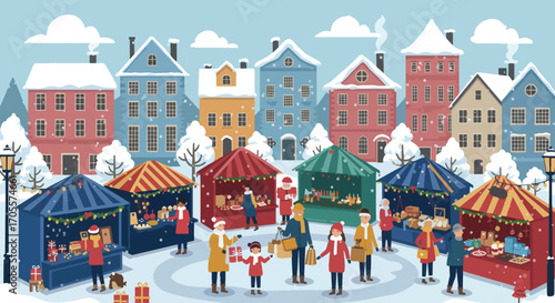 Festive Winter Market Scene with Colorful Stalls and People