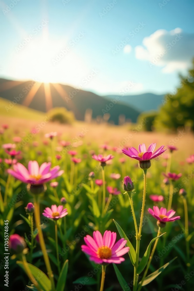 Obraz premium Sun-drenched field, vibrant pink wildflowers sway gently in breeze, sun, fresh, bright