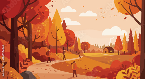 Autumn Landscape Illustration Featuring People Hiking on a Path