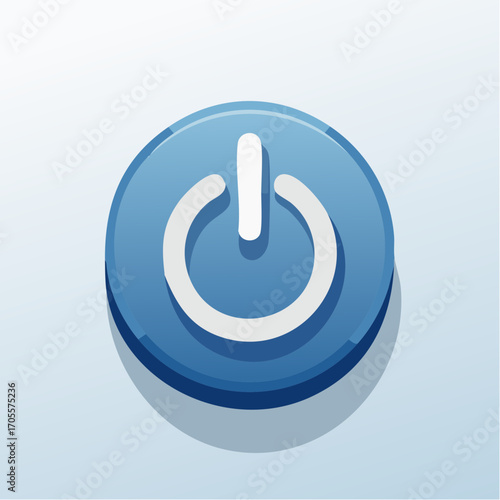 Illustrative depiction of a blue and white power button icon, design element, graphic