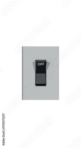 Single light switch in the off position on a gray wall.