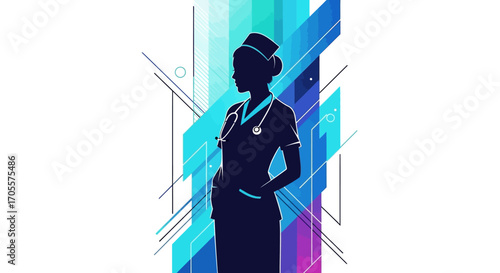 Modern abstract graphic design of a nurse silhouette, perfect for healthcare promotions, medical websites, and wellness campaigns, conveying trust and dedication.