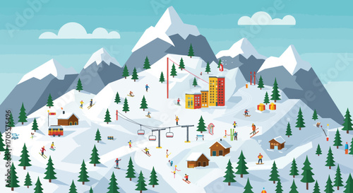 Colorful Vector Illustration of a Ski Resort with Snow-Covered Mountains