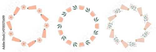 Set of circle frames with cosmetic products. Design elements for print, banner, poster, flyer, cover. Natural organic cosmetic product concept.